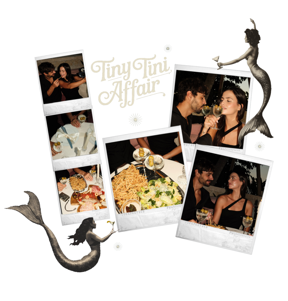 Collage-style promo for Tiny Tini Affair featuring a couple dining, gourmet dishes, cocktails, and vintage mermaid illustrations on a dark green background.